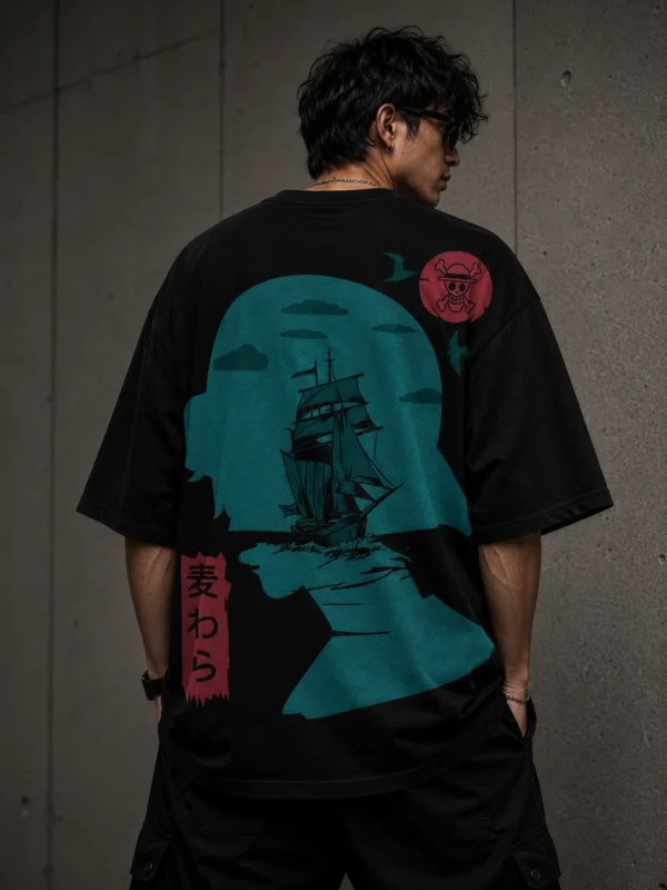 One Piece Pirate Ship Oversized Anime T-Shirt – Straw Hat Ocean Graphic Streetwear Tee